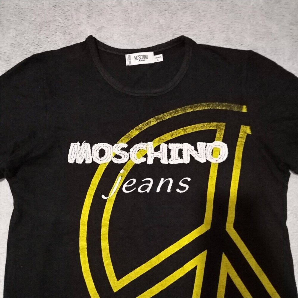 Vintage Moschino Jeans T Shirt Womens L Black Peace Embroidered Logo Graphic Top - Picture 8 of 14